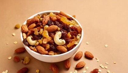 Fototapeta premium Ai generative, The mix of various nuts and raisins in a white bowl on a beige background.