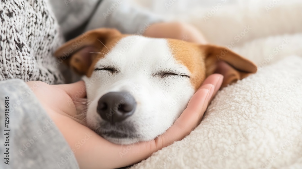 Poster adorable dog relaxing with eyes closed in hands on soft surface : generative ai
