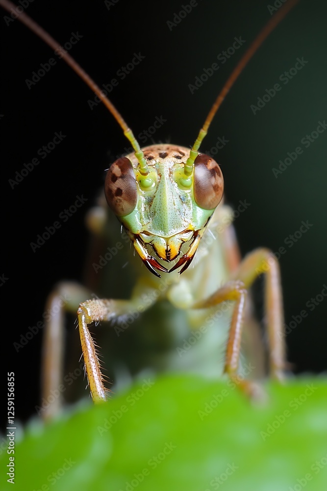 Poster close up of a vibrant green praying mantis perched on a leaf showcasing intricate details : generati