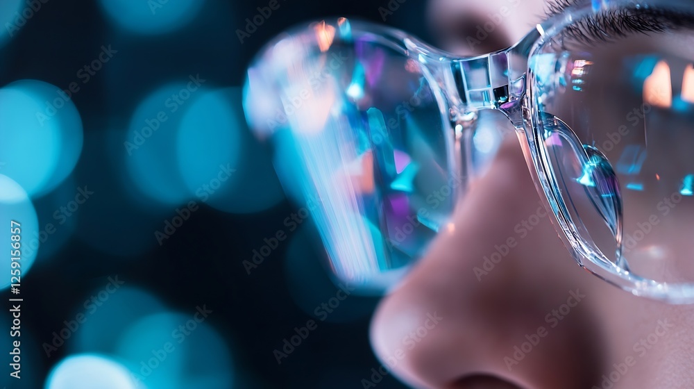 Poster close up of stylish eyeglasses reflecting bright bokeh lights in an artistic composition : generativ