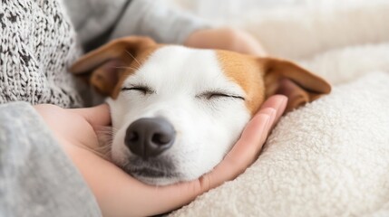 Obraz premium Adorable Dog Relaxing with Eyes Closed in Hands on Soft Surface : Generative AI