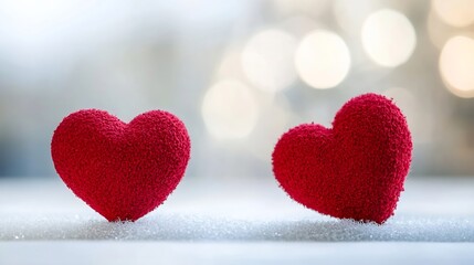 Obraz premium Two Soft Textured Red Hearts on a Smooth Surface with a Bokeh Background : Generative AI