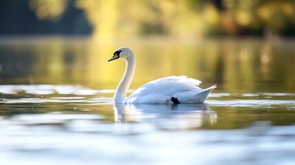 Obraz premium Majestic White Swan Swimming Gracefully on a Reflective Lake : Generative AI