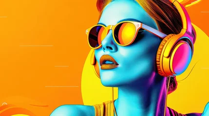 Keuken foto achterwand Vibrant Pop Art Ginger Woman with Headphones and Sunglasses on Colorful Retro Background © hisilly