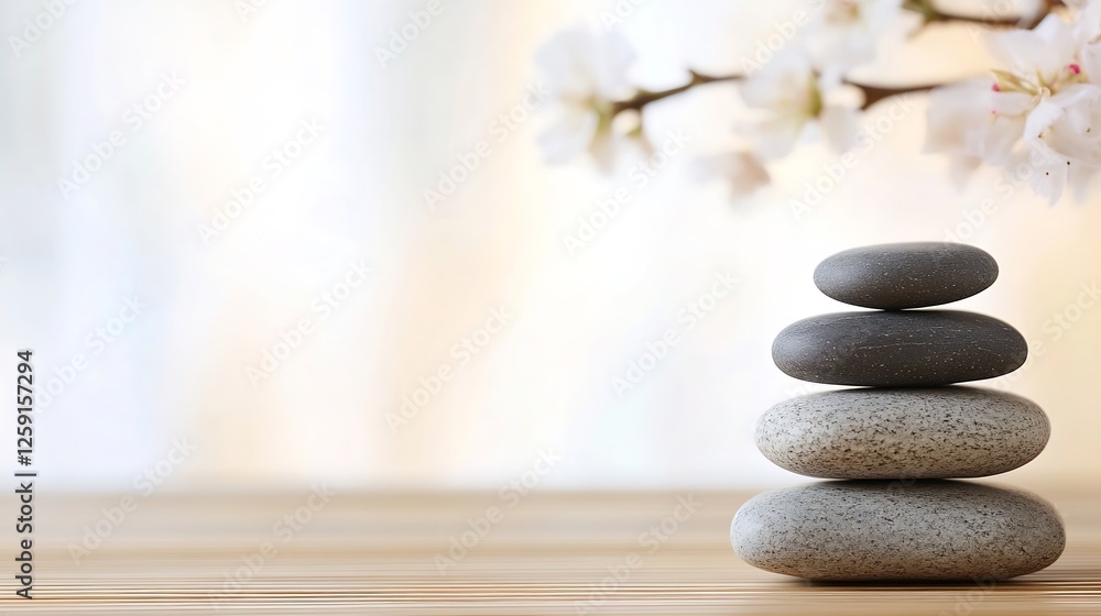 Aufkleber Zen stacked smooth stones with blossoming branches creating a calming ambiance : Generative AI