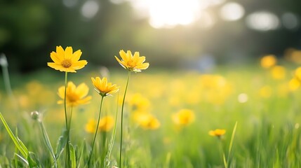 Fototapeta premium Sunlit field of vibrant yellow flowers basking in bright sunlight creating a natural ambience : Generative AI