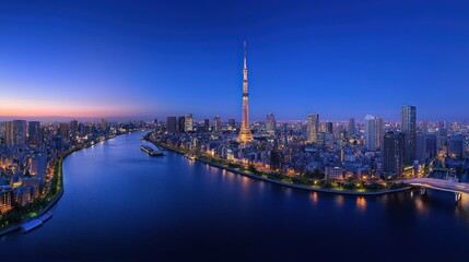 Fototapeta premium Tokyo cityscape panorama at dawn over Sumida River