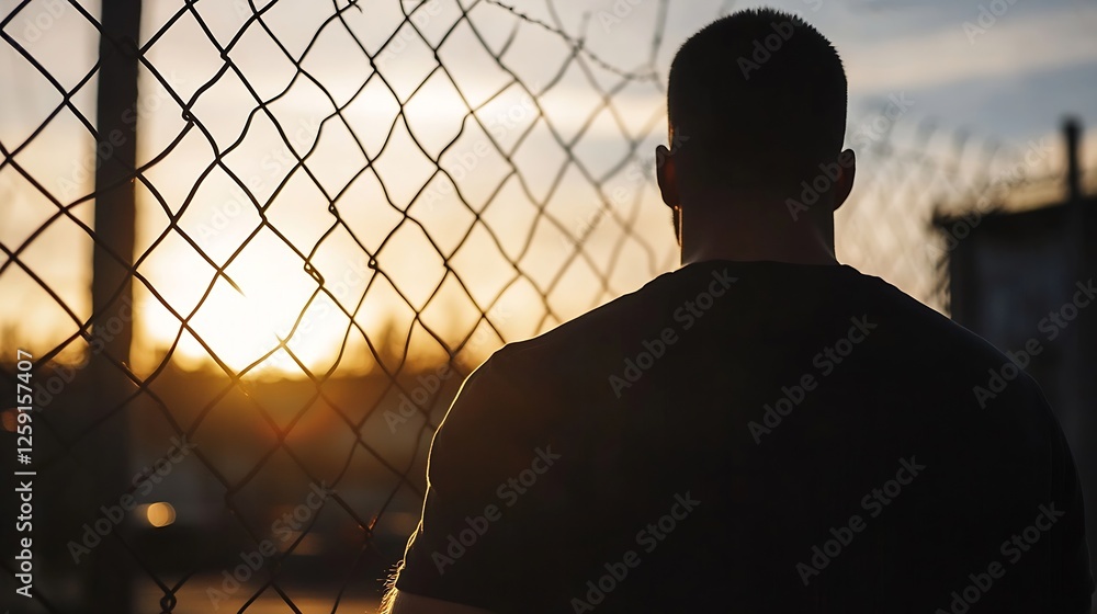 Poster contemplative figure gazing at the sunset through a chain link fence evoking thoughts of freedom and