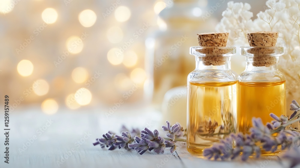 Poster lavender essential oils in glass bottles with beautiful bokeh background perfect for aromatherapy or