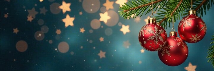 Fototapeta premium Sparkling snowflakes with gold ornaments hanging from a branch , Christmas elements, Gold, Snowflakes