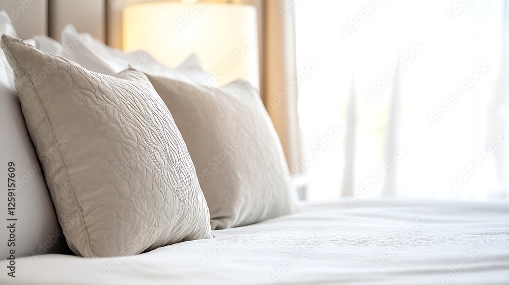 Poster stylish and elegant white pillows on a cozy bed with warm sunlight filtering through curtains : gene