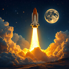 Fototapeta premium Rocket Launching Into Space Surrounded By Clouds Under The Glow Of A Full Moon At Night