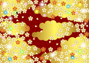 麻の葉地に雲と小紋桜の和背景、イラスト、かわいい、和風、横、赤