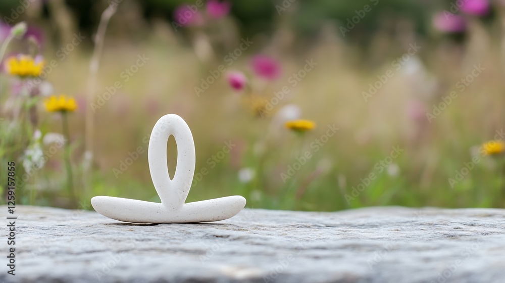 Poster a simple stone sculpture symbolizing tranquility and balance set against a vibrant natural backgroun