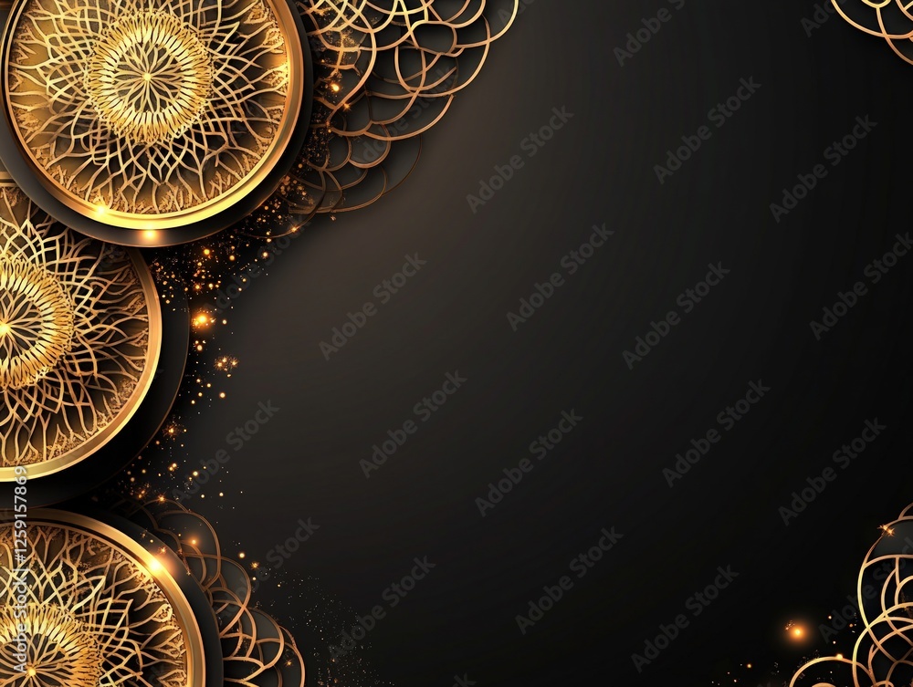 Poster dark background with gold circular patterns and ornate details. elegant and luxurious design with a 