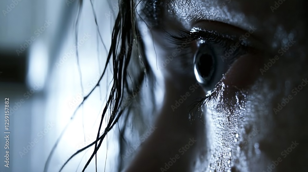 Poster close up of an expressive human eye reflecting emotion and detail against a blurred background : gen