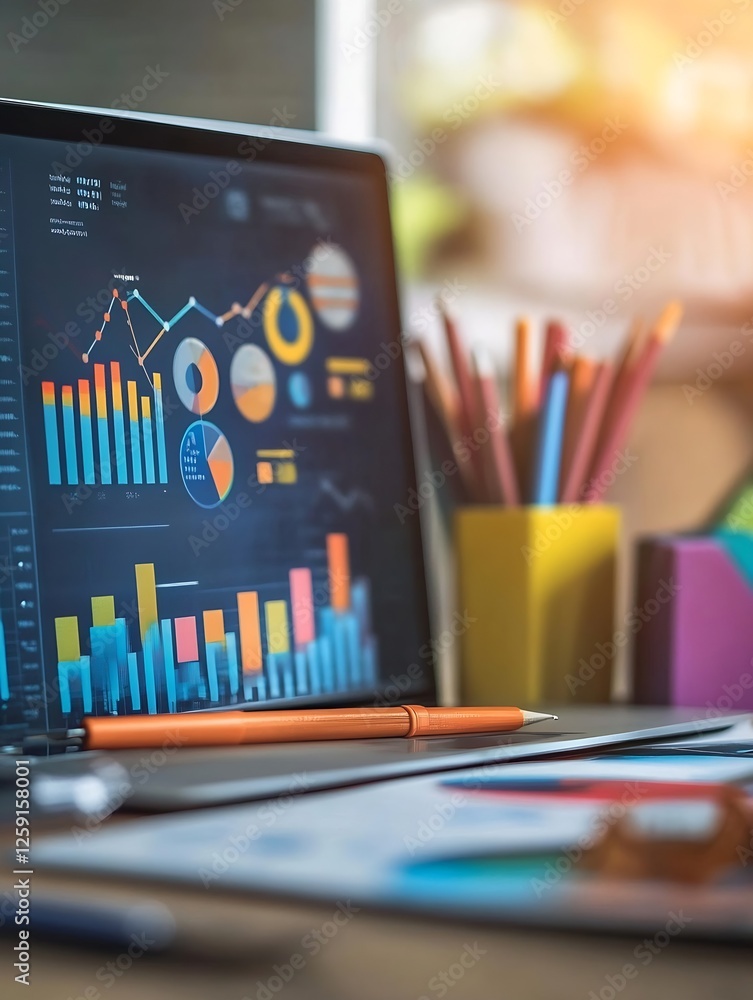 Poster vibrant workspace with analytical charts on laptop screen surrounded by organizational tools for bus
