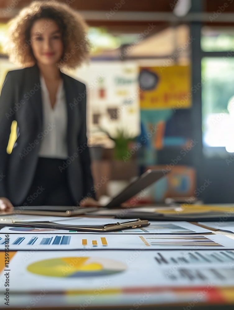 Aufkleber professional businesswoman analyzing graphs and reports at a desk in modern office setting : generat