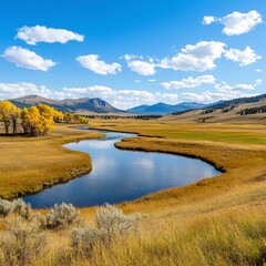 Autumn River Landscape with Golden Meadow and Mountains