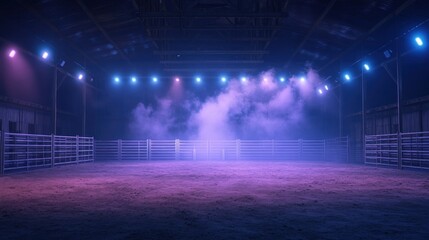 Smoky arena with neon lights.