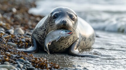 Fototapeta premium Seal with Fish on Rocky Beach Shoreline