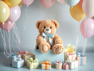 Teddy Bear in Gift Box with Pastel Balloons