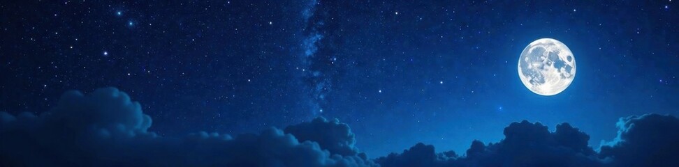 Starry night sky with twinkling stars and a full moon on a dark blue background, celestial bodies, blue sky, darkness, universe