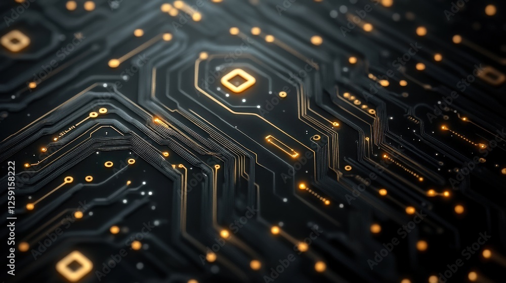 Poster intricate circuit board design featuring detailed patterns and glowing components set against a dark