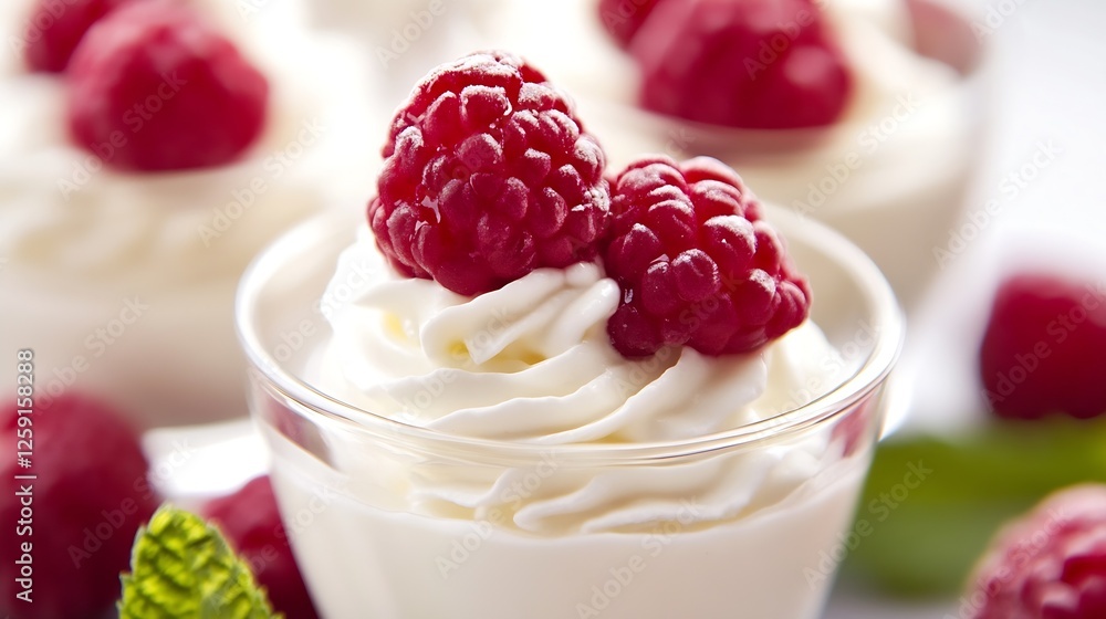 Poster delicious raspberry dessert with cream and mint garnish perfect for food lovers and culinary enthusi