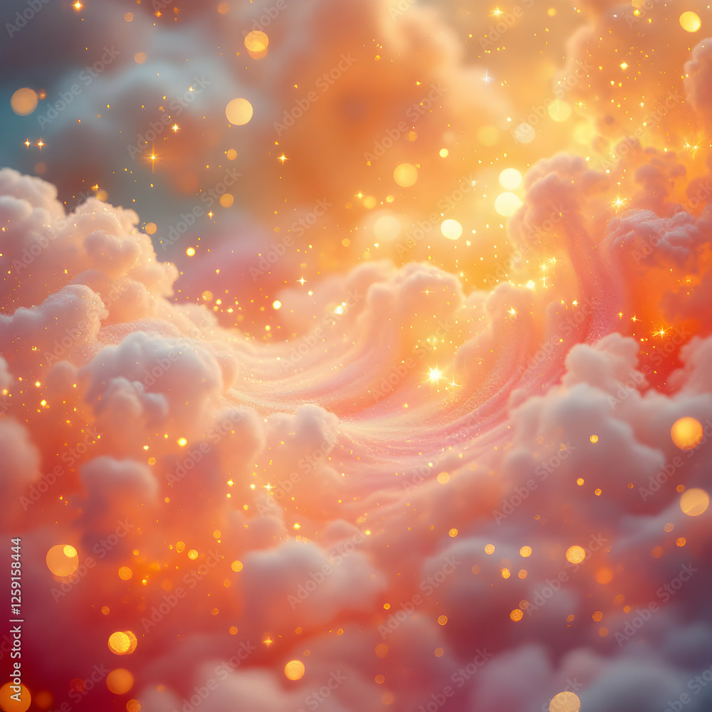 Poster surreal abstract composition of pink and gold clouds illuminated by soft sparkling light