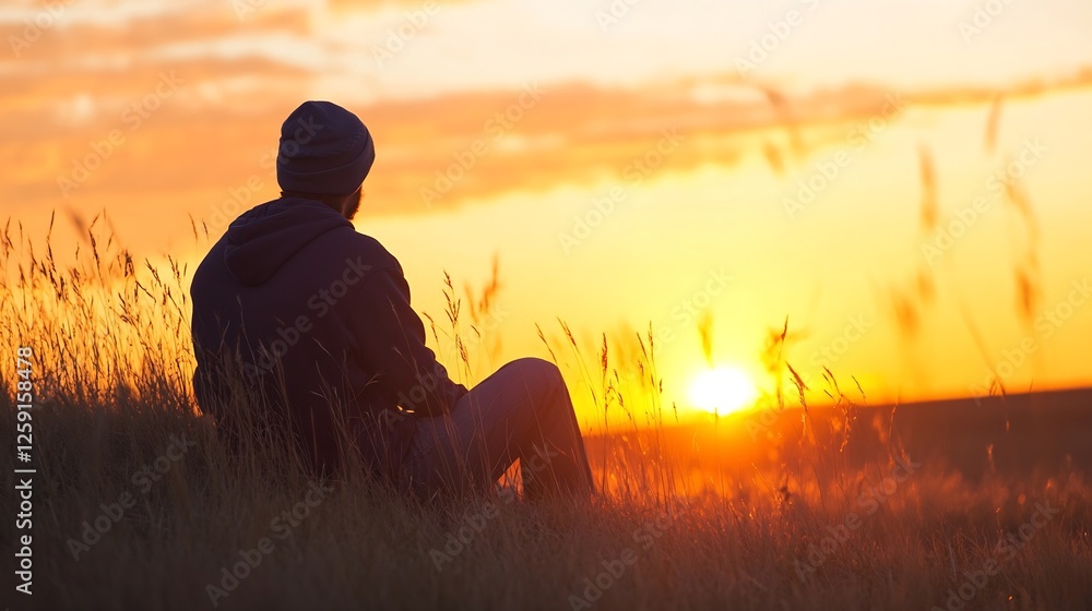 Poster Silhouette of a man enjoying a serene sunset over a tranquil landscape : Generative AI