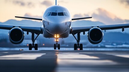 Obraz premium Airplane Taking Off at Dawn with Scenic Mountains in Background for Travel and Adventure Enthusiasts : Generative AI