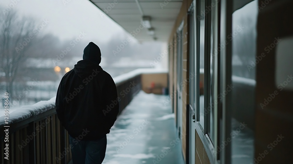 Poster lonely man walking down a snowy corridor on a gloomy winter day : generative ai