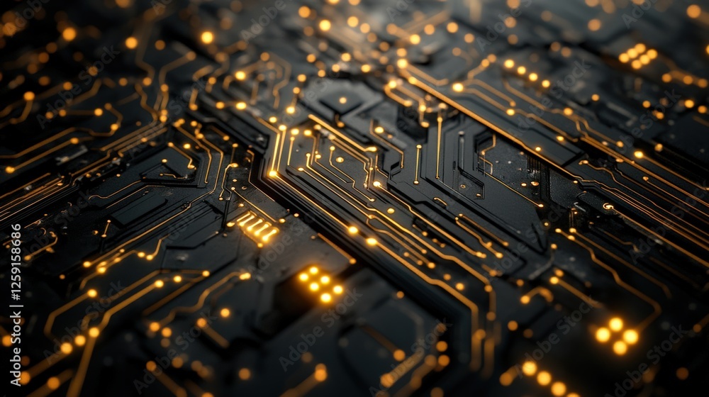 Poster an intricate close-up view of a futuristic circuit board, highlighting advanced technology and compl
