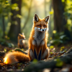 Two Playful Red Foxes in a Sunlit Forest Surrounded by Lush Greenery and Trees