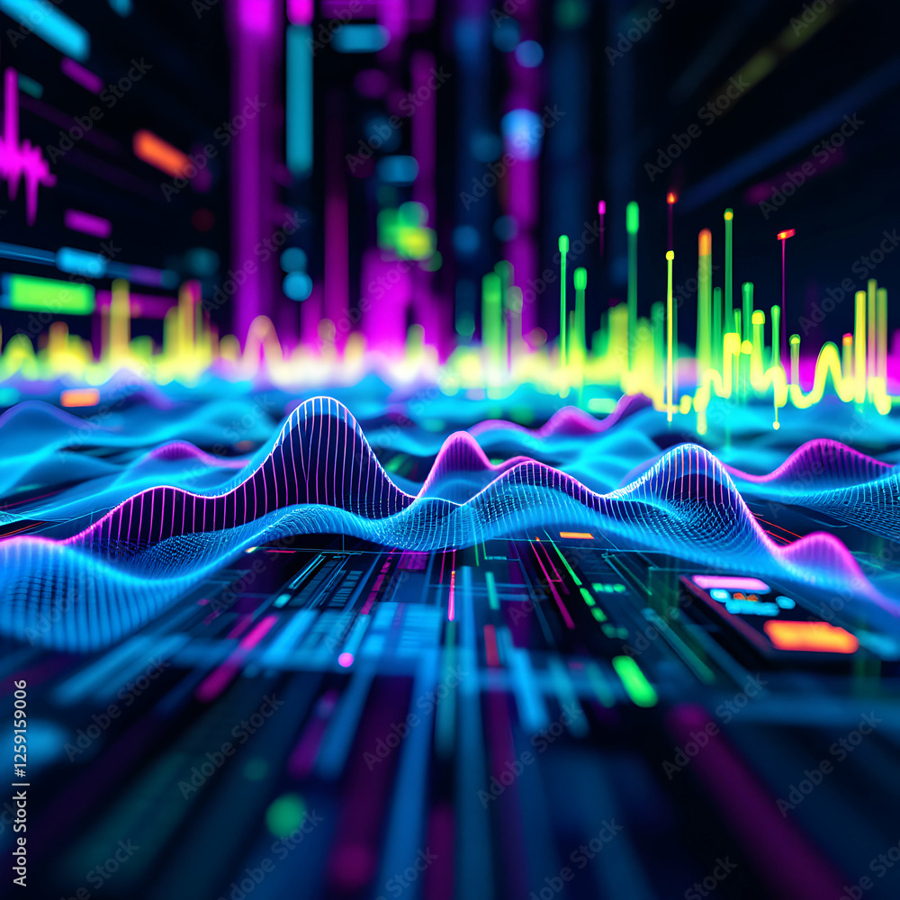 Fototapete Vibrant Abstract Digital Waves with Neon Colors and Dynamic Patterns in High-Tech Environment