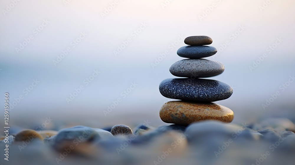 Aufkleber balanced natural stones stack on pebbles near water representing tranquility and calmness : generati