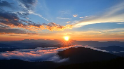 Fototapeta premium Breathtaking Sunrise over Misty Mountains and Clouds in a Scenic Landscape : Generative AI
