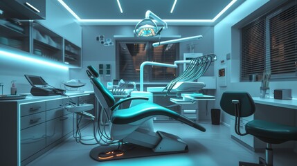A cutting-edge dental office featuring modern dental chairs, ambient neon lighting, and futuristic medical devices, creating a sleek and high-tech clinical environment. AI generated.