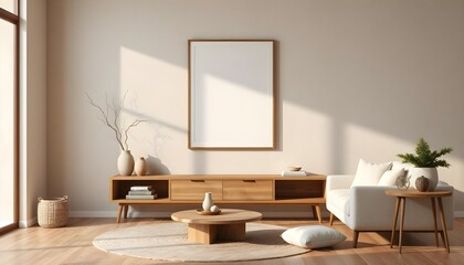 modern japandi living room with empty frame mockup, soft beige walls, organic wood furniture, neutral decor, wabi-sabi simplicity, warm ambiance