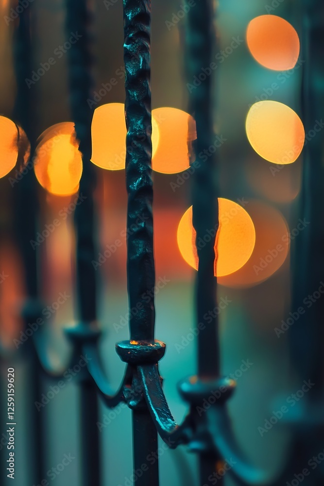 Poster Artistic close up of wrought iron fence with bright circular bokeh background painting a dreamy atmosphere : Generative AI