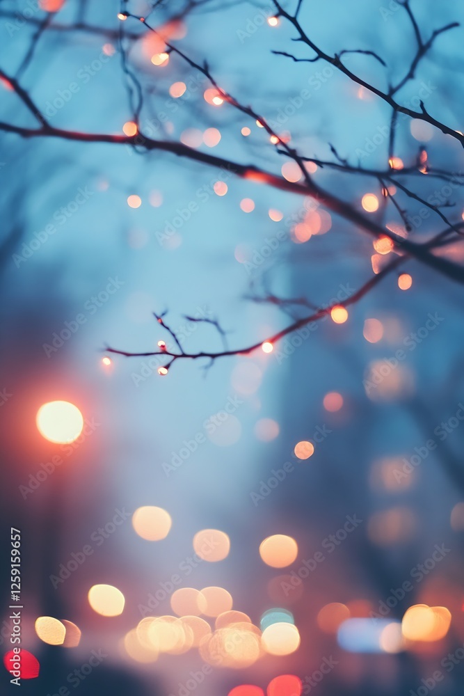 Aufkleber charming winter night with twinkling lights on an icy branch in the background : generative ai