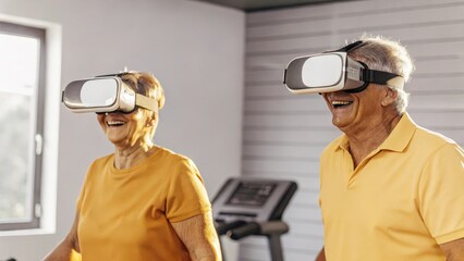 Two active seniors a woman and a man share a moment of laughter while participating in a virtual reality workout session with vivid digital landscapes visible through their VR
