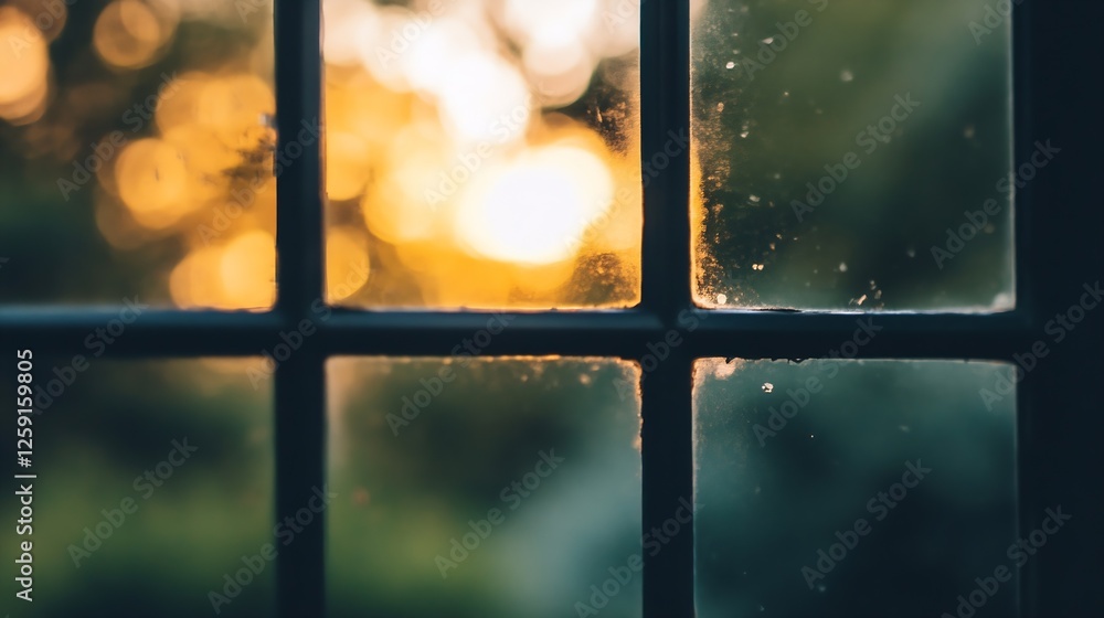 Poster window pane capturing warm sunset light with beautiful bokeh effects : generative ai