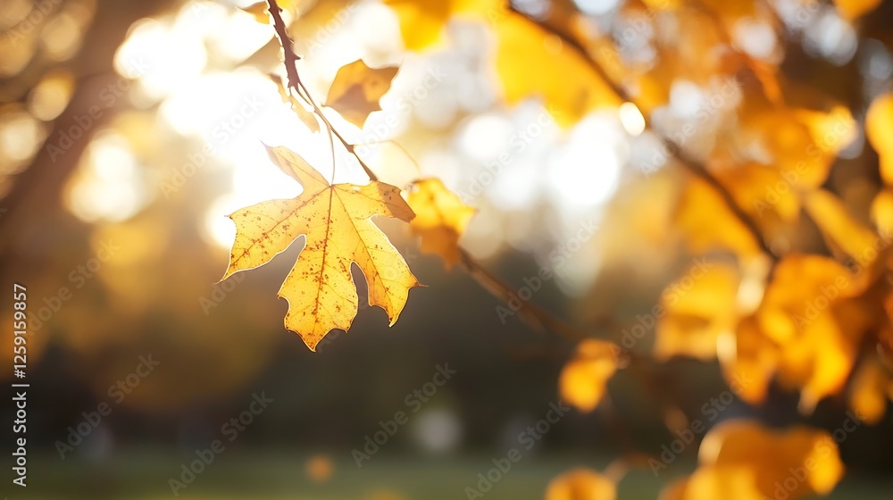 Aufkleber golden autumn leaves glistening in soft sunlight on a tree branch in nature : generative ai