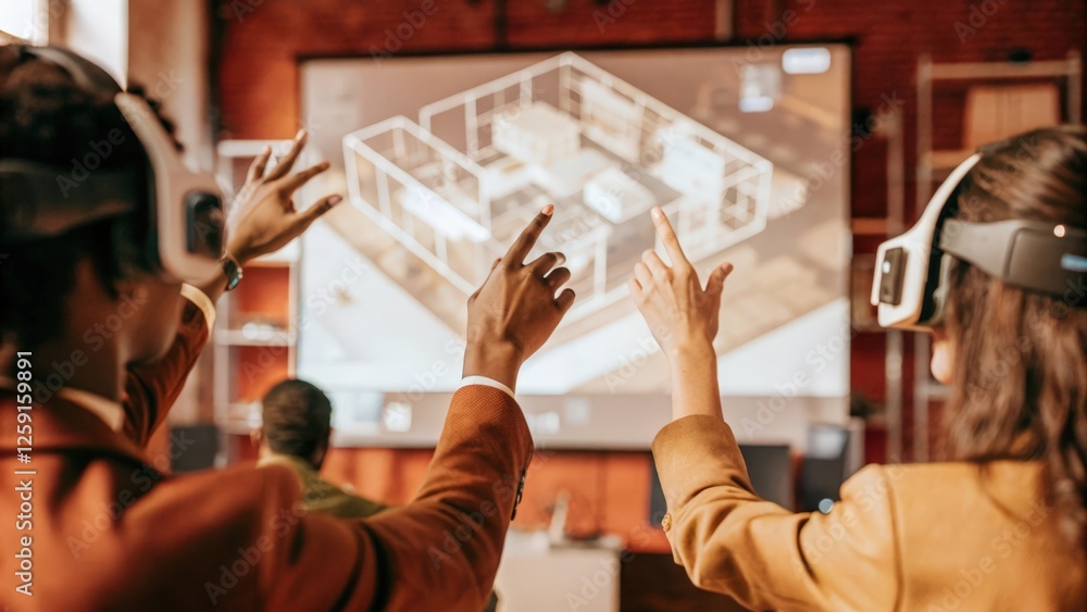 Poster a virtual training session in progress with participants interacting with a simulated holograph of a