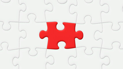 Fototapeta premium Red Puzzle Piece Jigsaw Highlighted Among Other Grayed-Out Pieces, Centered, Vector 3D Effect
