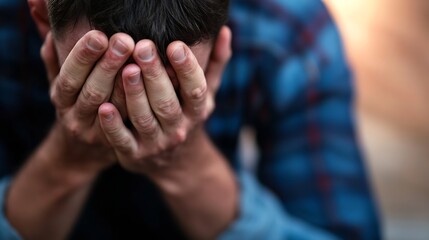 Emotional Male Sorrow Struggling with Personal Issues Covered Face in Hands : Generative AI