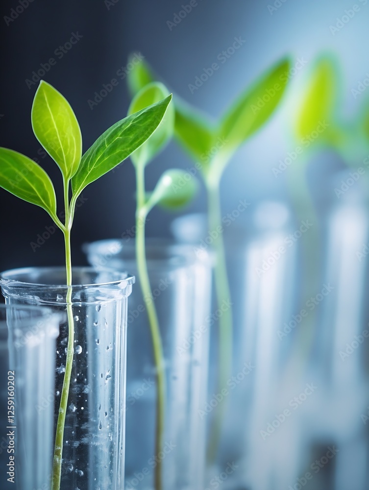 Poster close up view of green seedlings growing in laboratory glassware : generative ai