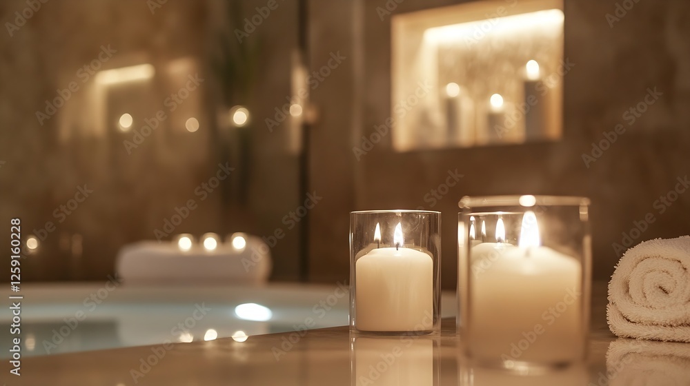 Poster Relaxing spa setting with lit candles and soft towels in tranquil atmosphere : Generative AI